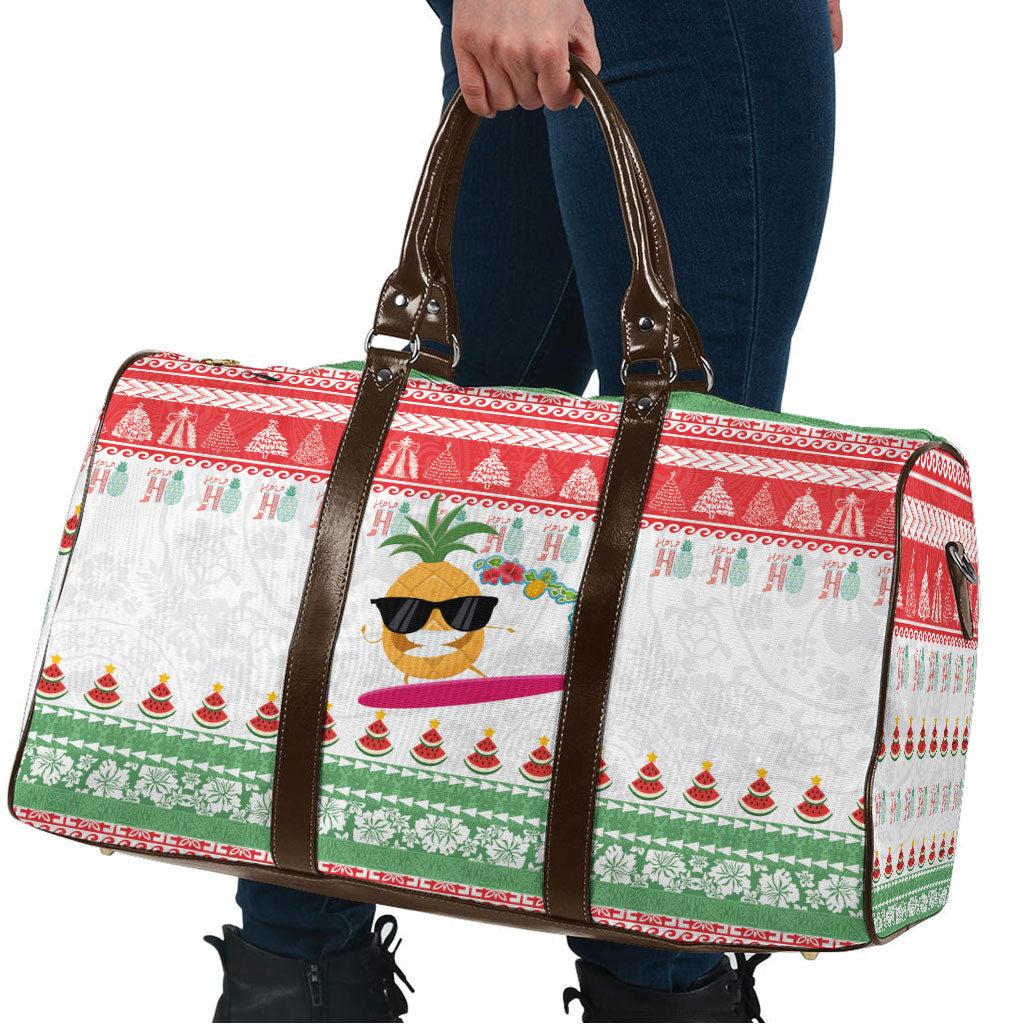 Hawaiian Mele Kalikimaka Travel Bag Funny Pineapple Surfing with Map Christmas Stripe Elements