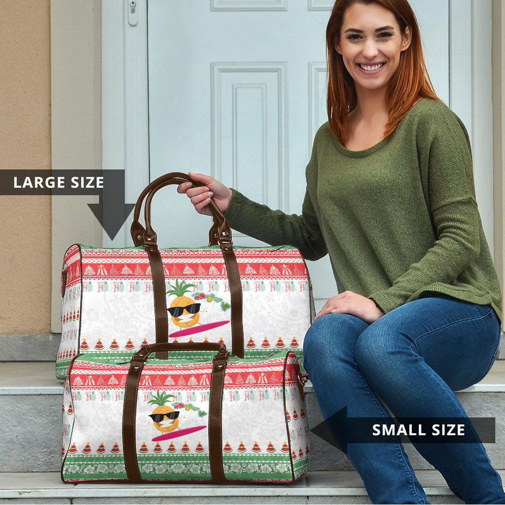 Hawaiian Mele Kalikimaka Travel Bag Funny Pineapple Surfing with Map Christmas Stripe Elements
