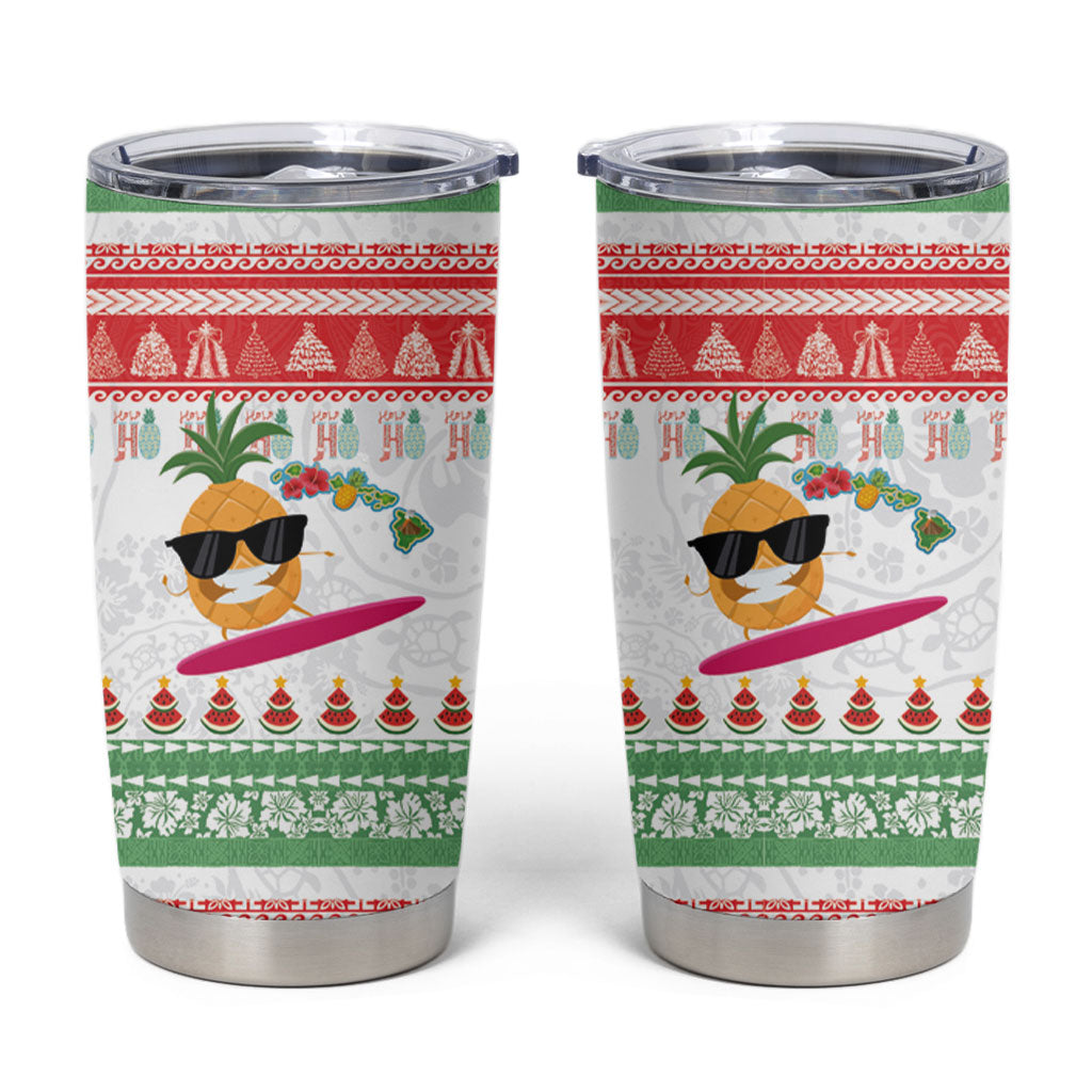 Hawaiian Mele Kalikimaka Tumbler Cup Funny Pineapple Surfing with Map Christmas Stripe Elements