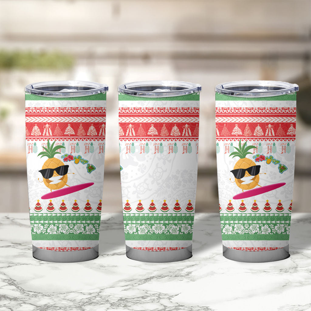 Hawaiian Mele Kalikimaka Tumbler Cup Funny Pineapple Surfing with Map Christmas Stripe Elements