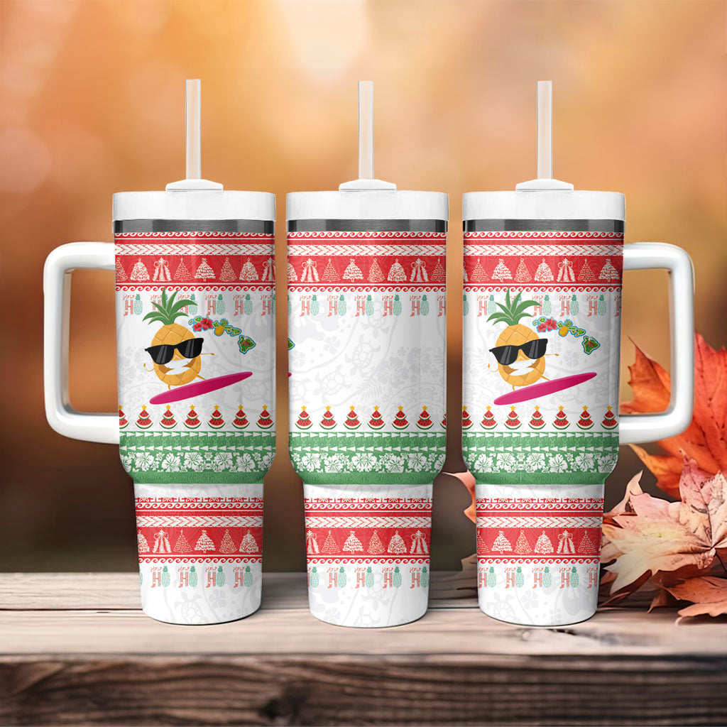 Hawaiian Mele Kalikimaka Tumbler With Handle Funny Pineapple Surfing with Map Christmas Stripe Elements