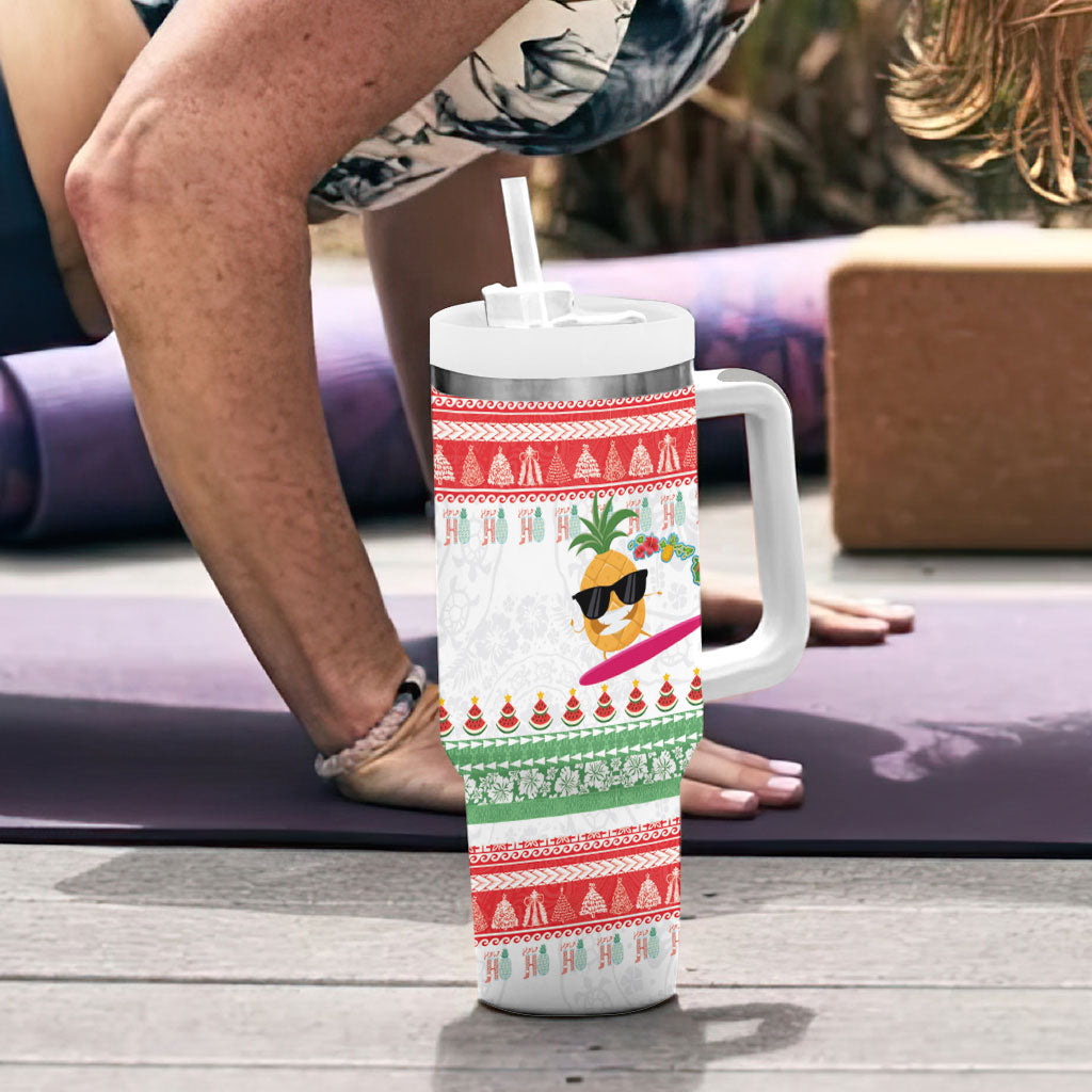 Hawaiian Mele Kalikimaka Tumbler With Handle Funny Pineapple Surfing with Map Christmas Stripe Elements