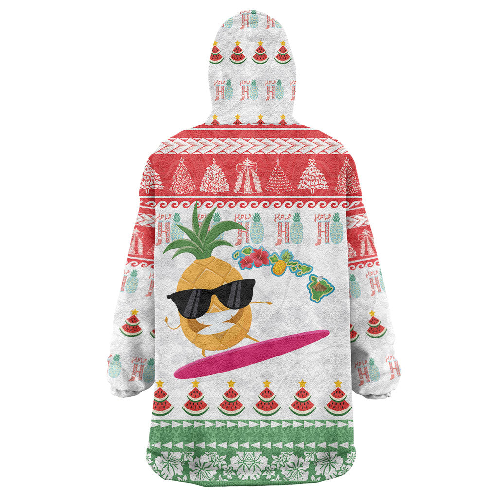 Hawaiian Mele Kalikimaka Wearable Blanket Hoodie Funny Pineapple Surfing with Map Christmas Stripe Elements