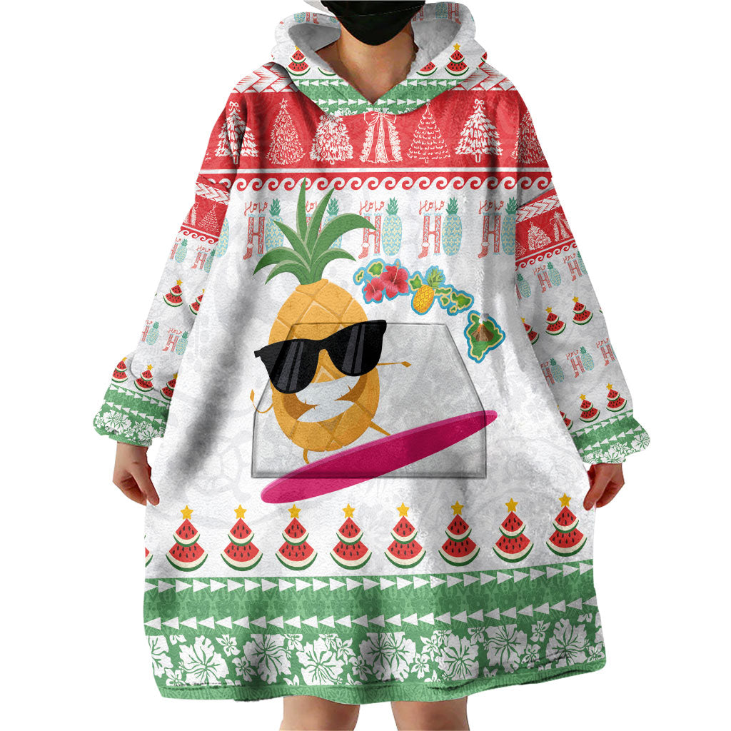 Hawaiian Mele Kalikimaka Wearable Blanket Hoodie Funny Pineapple Surfing with Map Christmas Stripe Elements