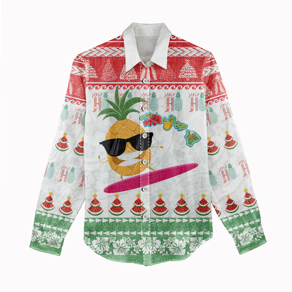 Hawaiian Mele Kalikimaka Women Casual Shirt Funny Pineapple Surfing with Map Christmas Stripe Elements