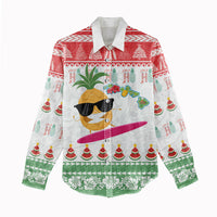 Hawaiian Mele Kalikimaka Women Casual Shirt Funny Pineapple Surfing with Map Christmas Stripe Elements