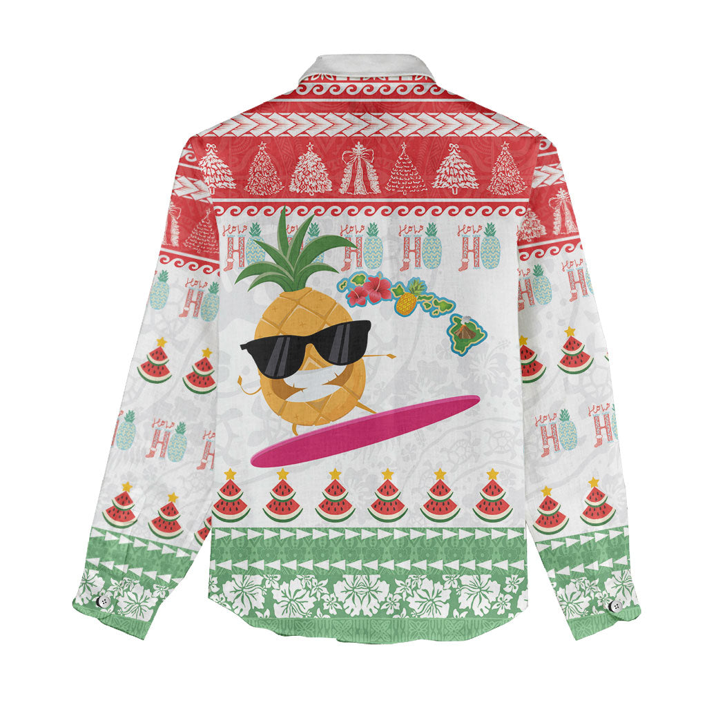 Hawaiian Mele Kalikimaka Women Casual Shirt Funny Pineapple Surfing with Map Christmas Stripe Elements