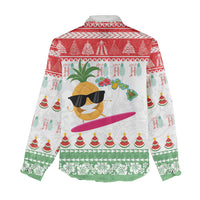 Hawaiian Mele Kalikimaka Women Casual Shirt Funny Pineapple Surfing with Map Christmas Stripe Elements