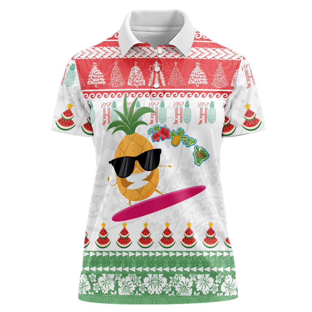 Hawaiian Mele Kalikimaka Women Polo Shirt Funny Pineapple Surfing with Map Christmas Stripe Elements