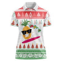 Hawaiian Mele Kalikimaka Women Polo Shirt Funny Pineapple Surfing with Map Christmas Stripe Elements