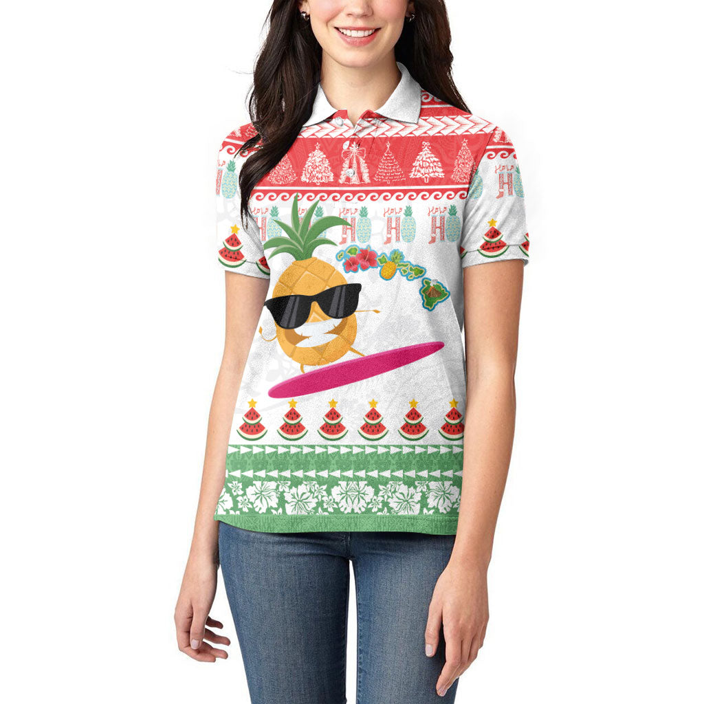 Hawaiian Mele Kalikimaka Women Polo Shirt Funny Pineapple Surfing with Map Christmas Stripe Elements
