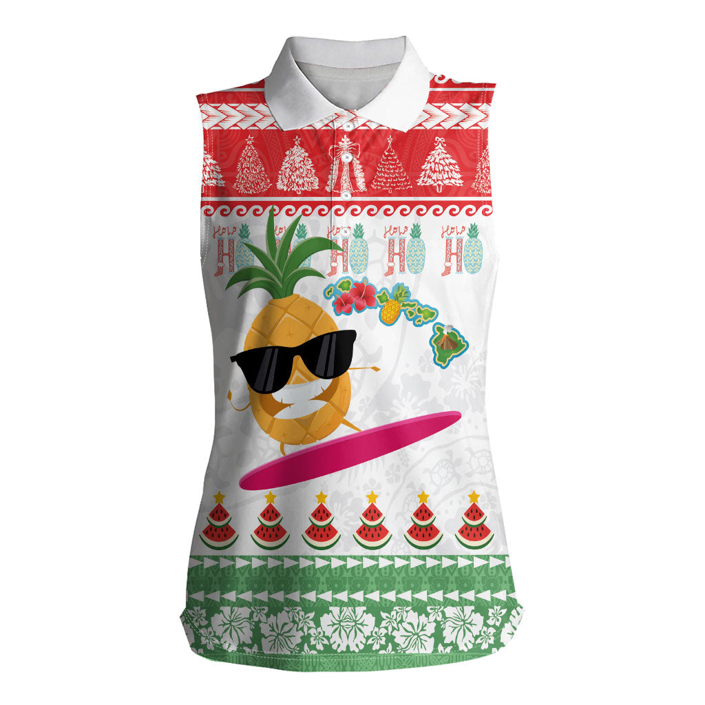Hawaiian Mele Kalikimaka Women Sleeveless Polo Shirt Funny Pineapple Surfing with Map Christmas Stripe Elements