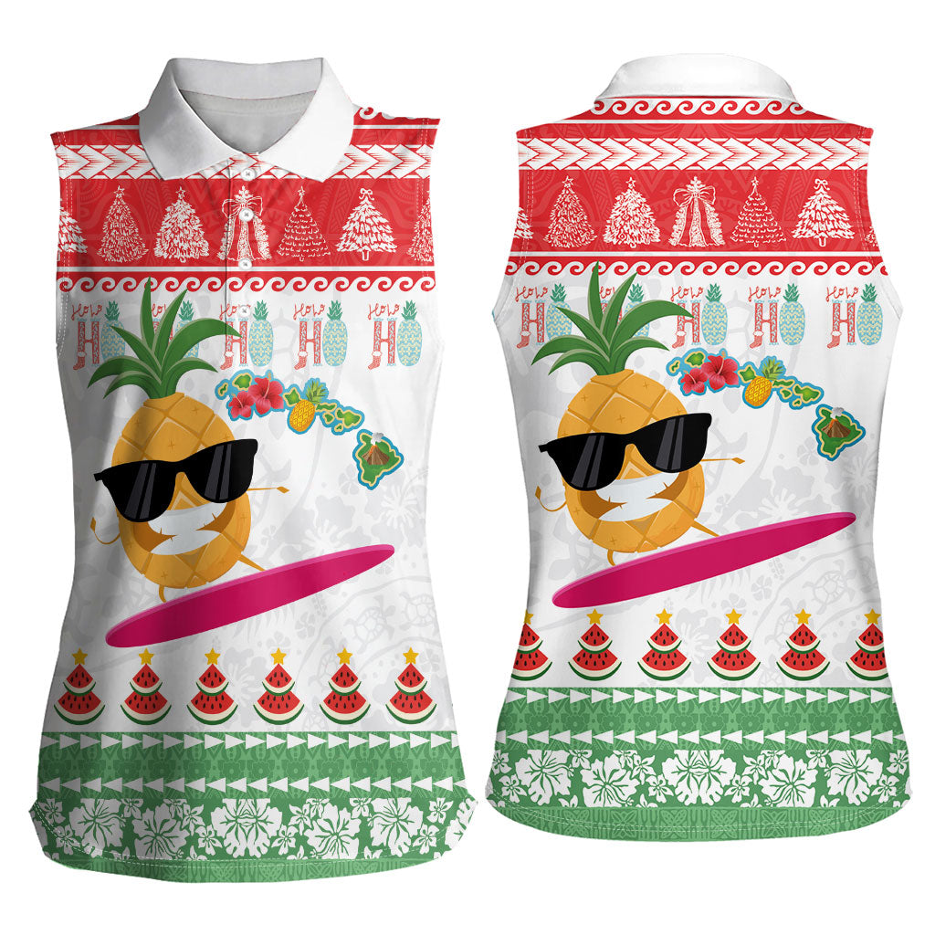 Hawaiian Mele Kalikimaka Women Sleeveless Polo Shirt Funny Pineapple Surfing with Map Christmas Stripe Elements