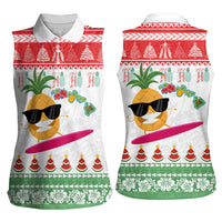 Hawaiian Mele Kalikimaka Women Sleeveless Polo Shirt Funny Pineapple Surfing with Map Christmas Stripe Elements
