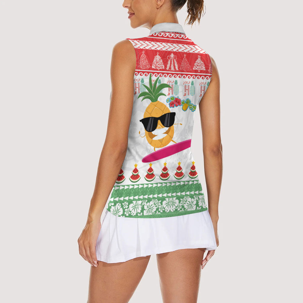 Hawaiian Mele Kalikimaka Women Sleeveless Polo Shirt Funny Pineapple Surfing with Map Christmas Stripe Elements