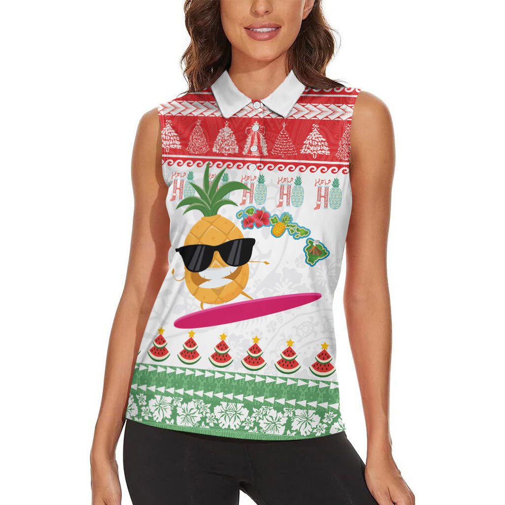 Hawaiian Mele Kalikimaka Women Sleeveless Polo Shirt Funny Pineapple Surfing with Map Christmas Stripe Elements