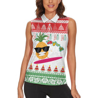 Hawaiian Mele Kalikimaka Women Sleeveless Polo Shirt Funny Pineapple Surfing with Map Christmas Stripe Elements