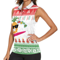 Hawaiian Mele Kalikimaka Women Sleeveless Polo Shirt Funny Pineapple Surfing with Map Christmas Stripe Elements