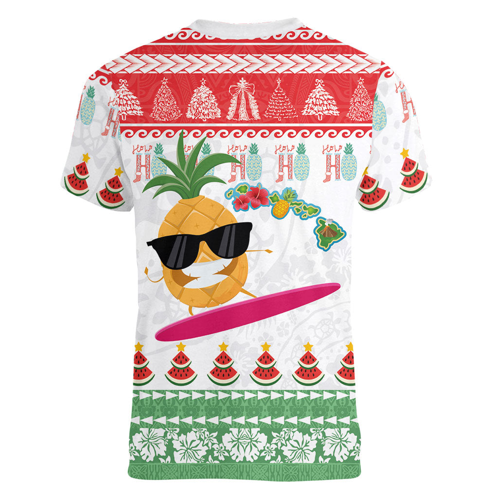 Hawaiian Mele Kalikimaka Women V-Neck T-Shirt Funny Pineapple Surfing with Map Christmas Stripe Elements