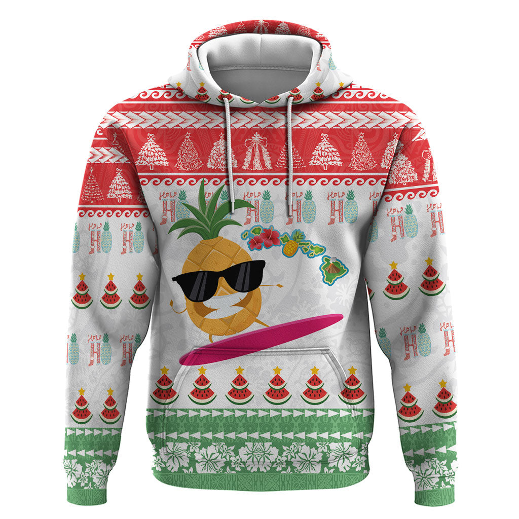 Hawaiian Mele Kalikimaka Zip Hoodie Funny Pineapple Surfing with Map Christmas Stripe Elements