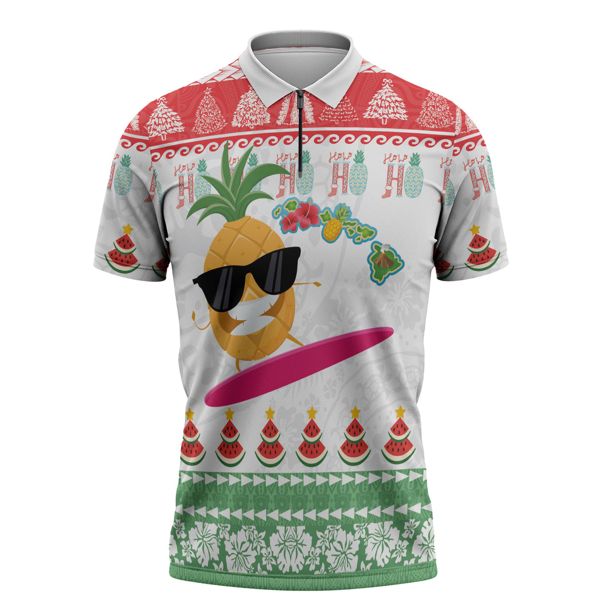Hawaiian Mele Kalikimaka Zipper Polo Shirt Funny Pineapple Surfing with Map Christmas Stripe Elements