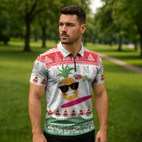 Hawaiian Mele Kalikimaka Zipper Polo Shirt Funny Pineapple Surfing with Map Christmas Stripe Elements