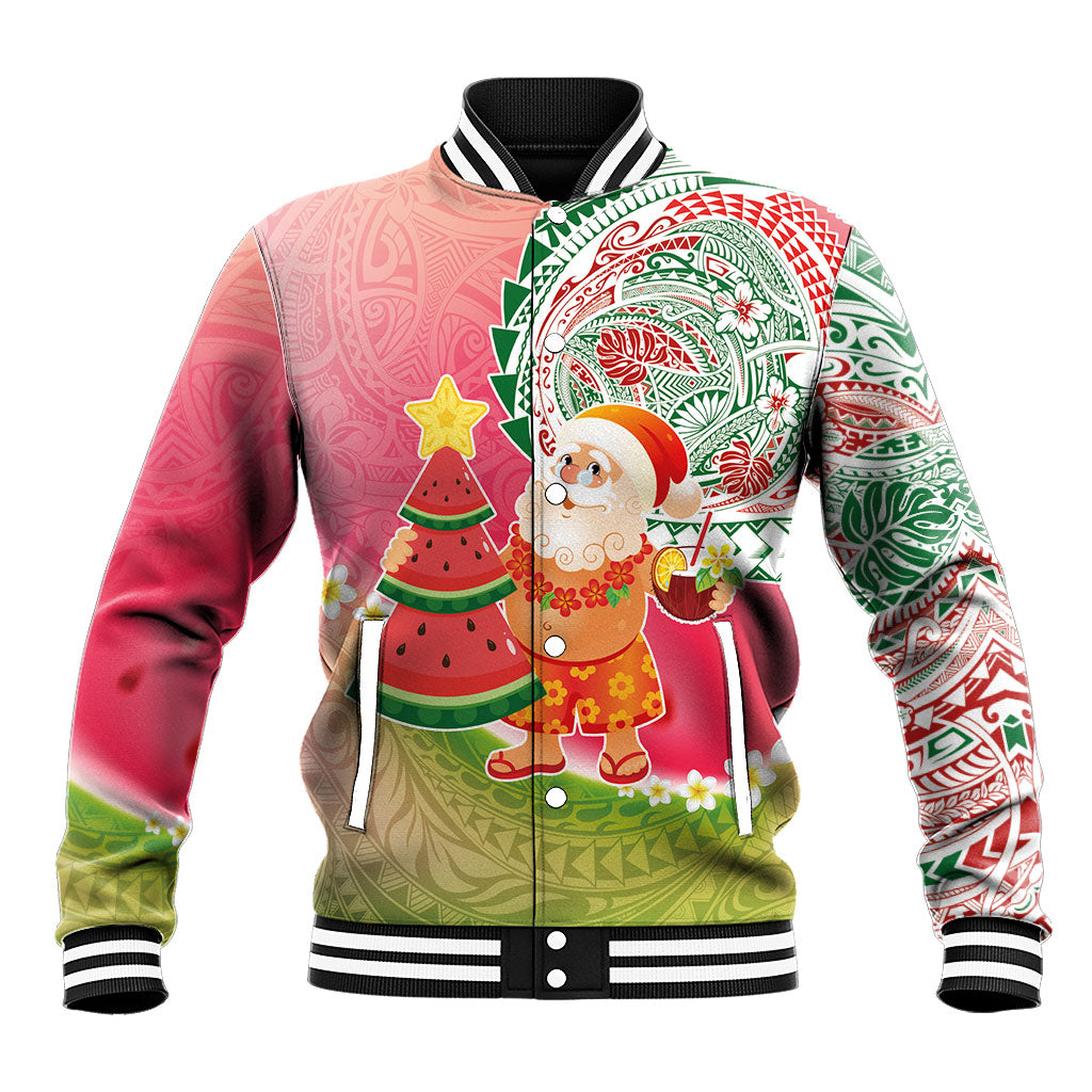Hawaiian Watermelon Mele Kalikimaka Baseball Jacket Tropical Tribal Pattern with Funny Santa Claus