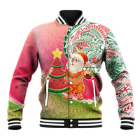 Hawaiian Watermelon Mele Kalikimaka Baseball Jacket Tropical Tribal Pattern with Funny Santa Claus