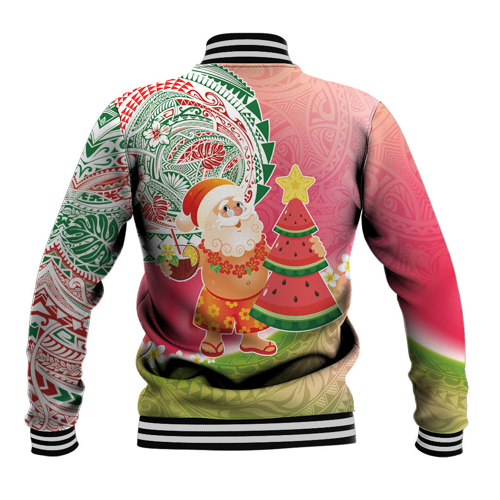 Hawaiian Watermelon Mele Kalikimaka Baseball Jacket Tropical Tribal Pattern with Funny Santa Claus