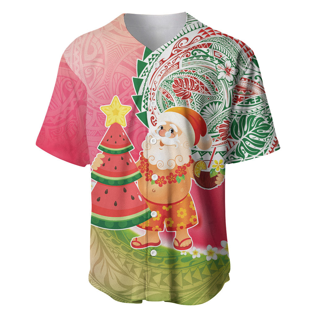 Hawaiian Watermelon Mele Kalikimaka Baseball Jersey Tropical Tribal Pattern with Funny Santa Claus