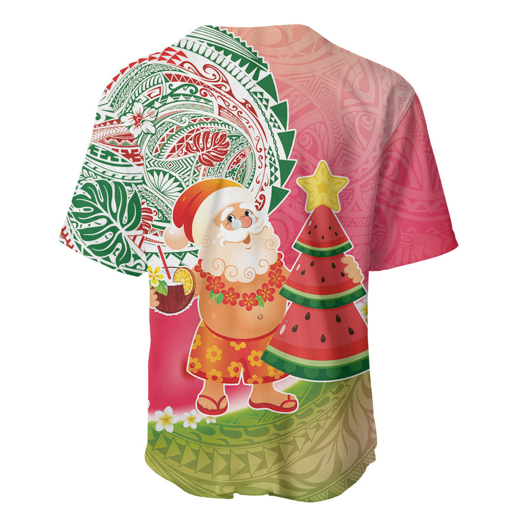 Hawaiian Watermelon Mele Kalikimaka Baseball Jersey Tropical Tribal Pattern with Funny Santa Claus