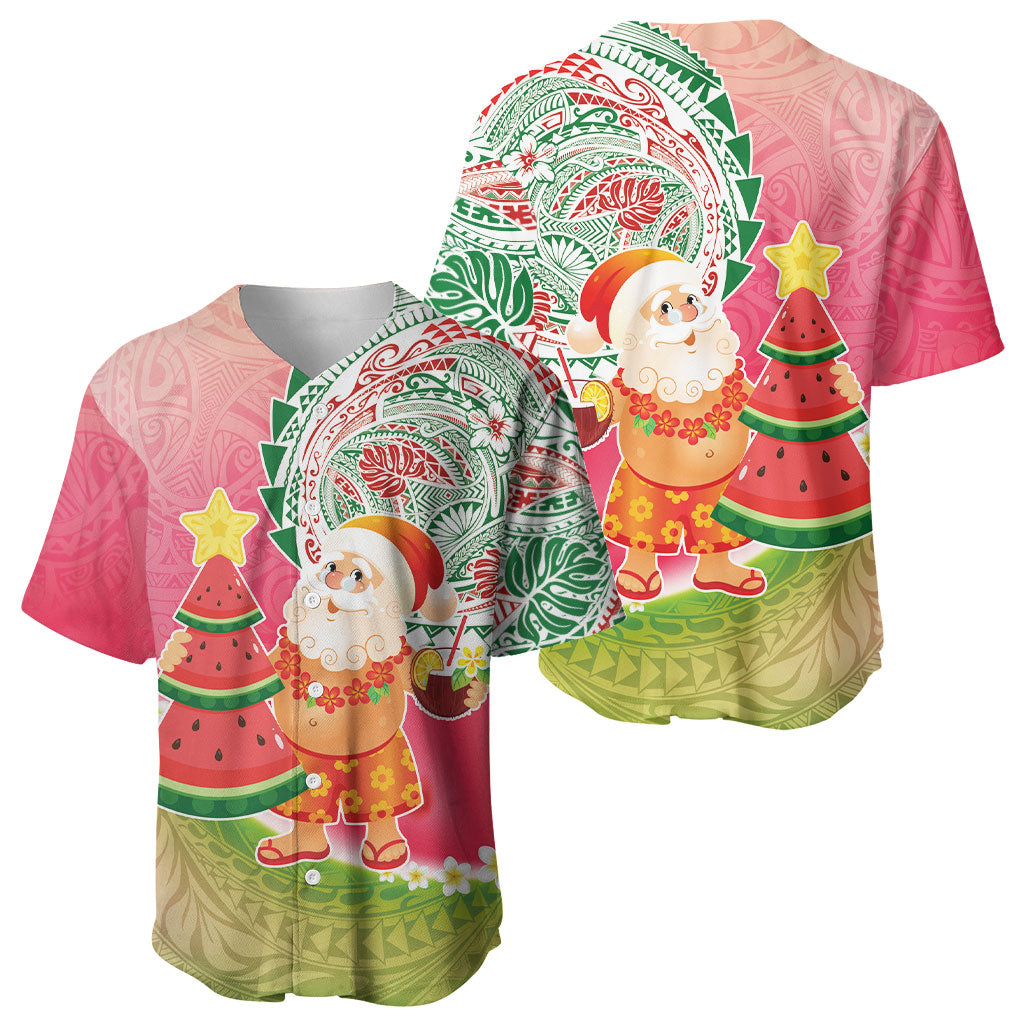 Hawaiian Watermelon Mele Kalikimaka Baseball Jersey Tropical Tribal Pattern with Funny Santa Claus