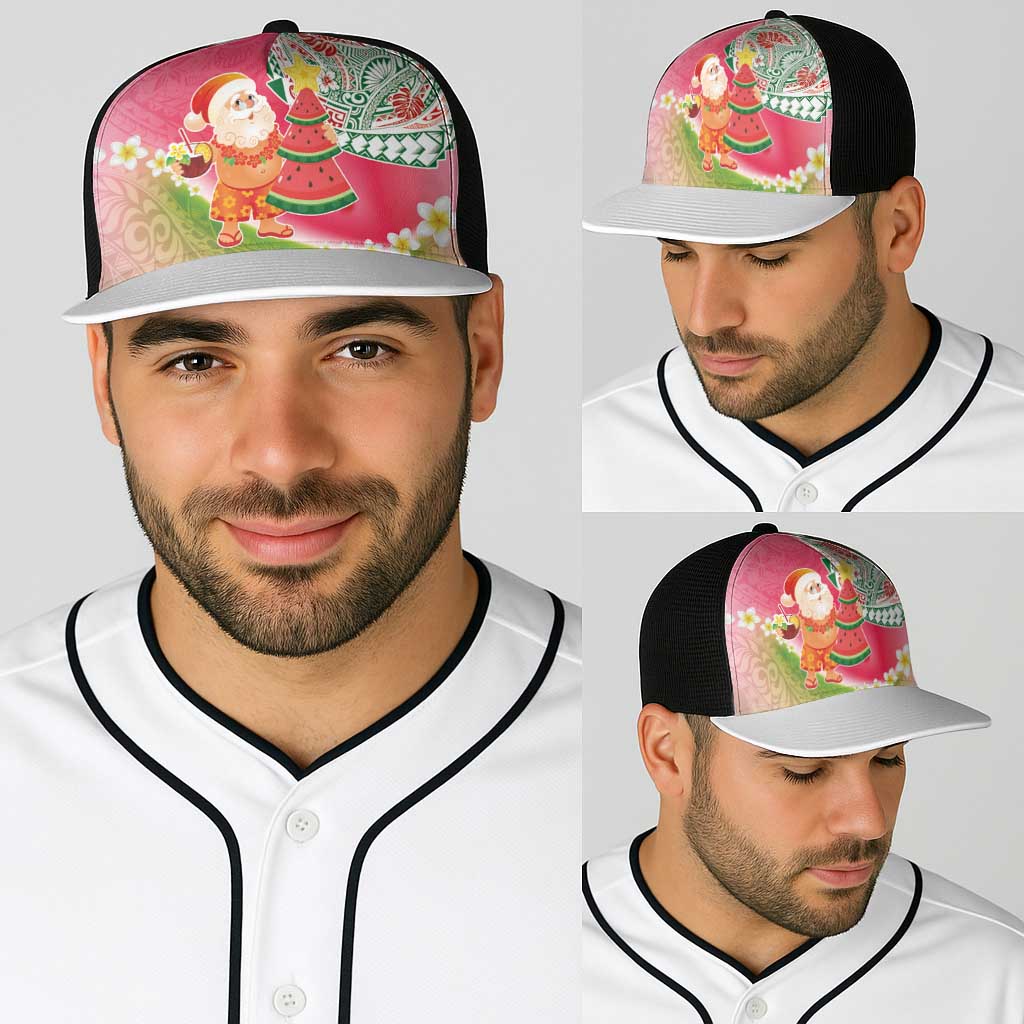 Hawaiian Watermelon Mele Kalikimaka Baseball Net Cap Tropical Tribal Pattern with Funny Santa Claus