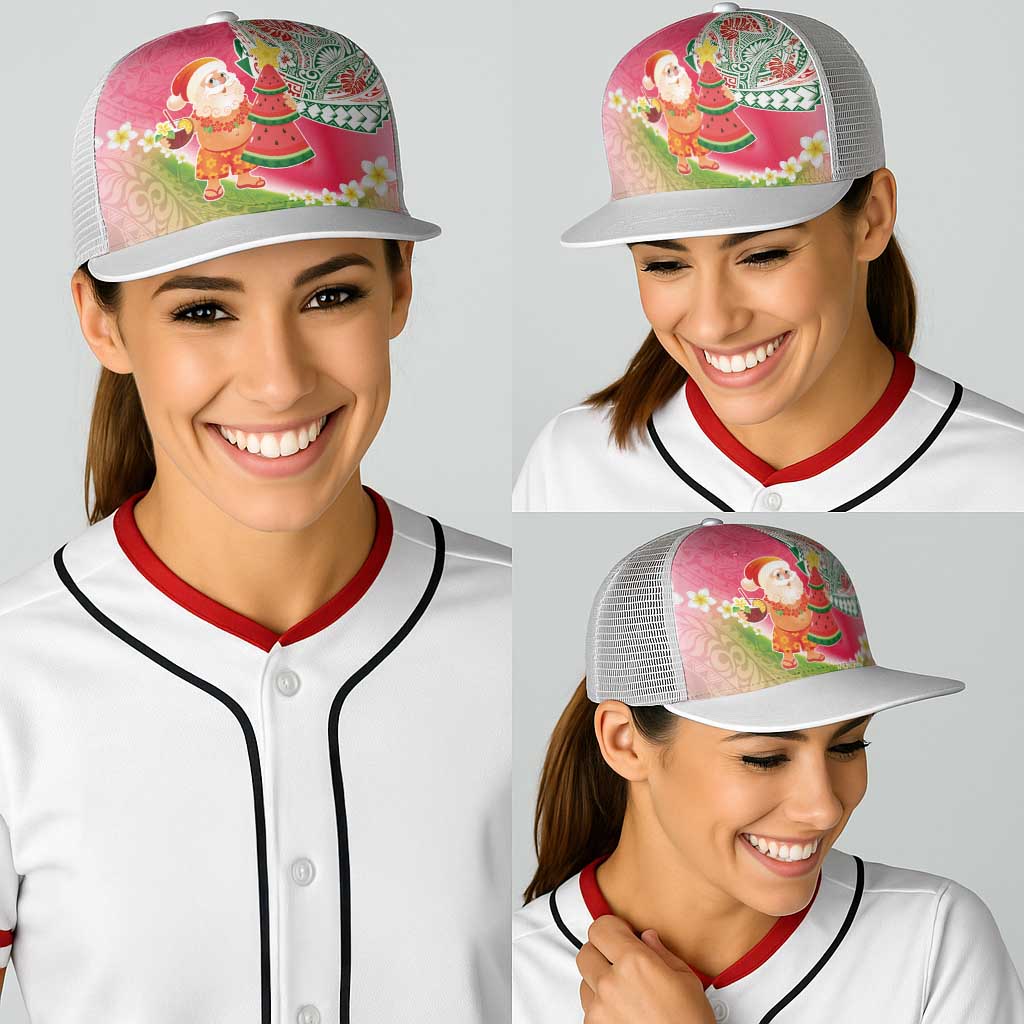 Hawaiian Watermelon Mele Kalikimaka Baseball Net Cap Tropical Tribal Pattern with Funny Santa Claus