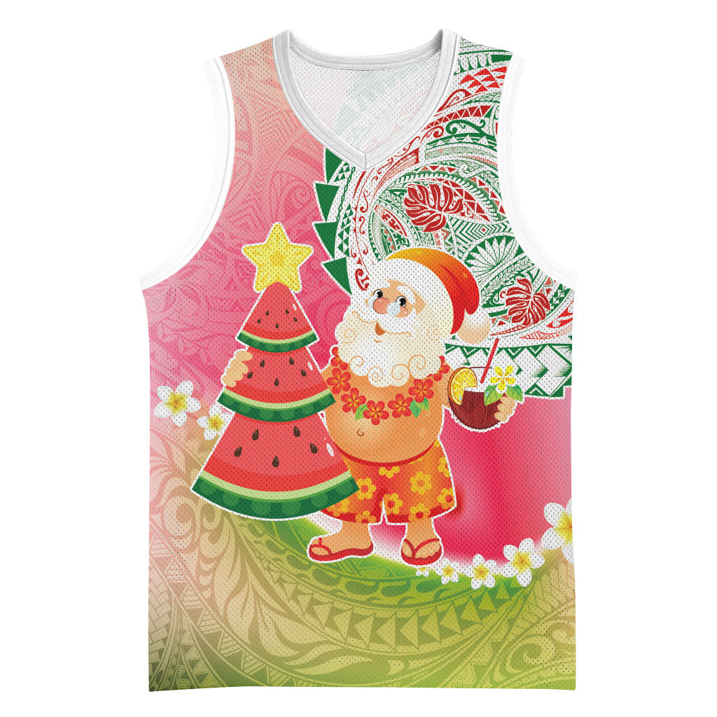 Hawaiian Watermelon Mele Kalikimaka Basketball Jersey Tropical Tribal Pattern with Funny Santa Claus