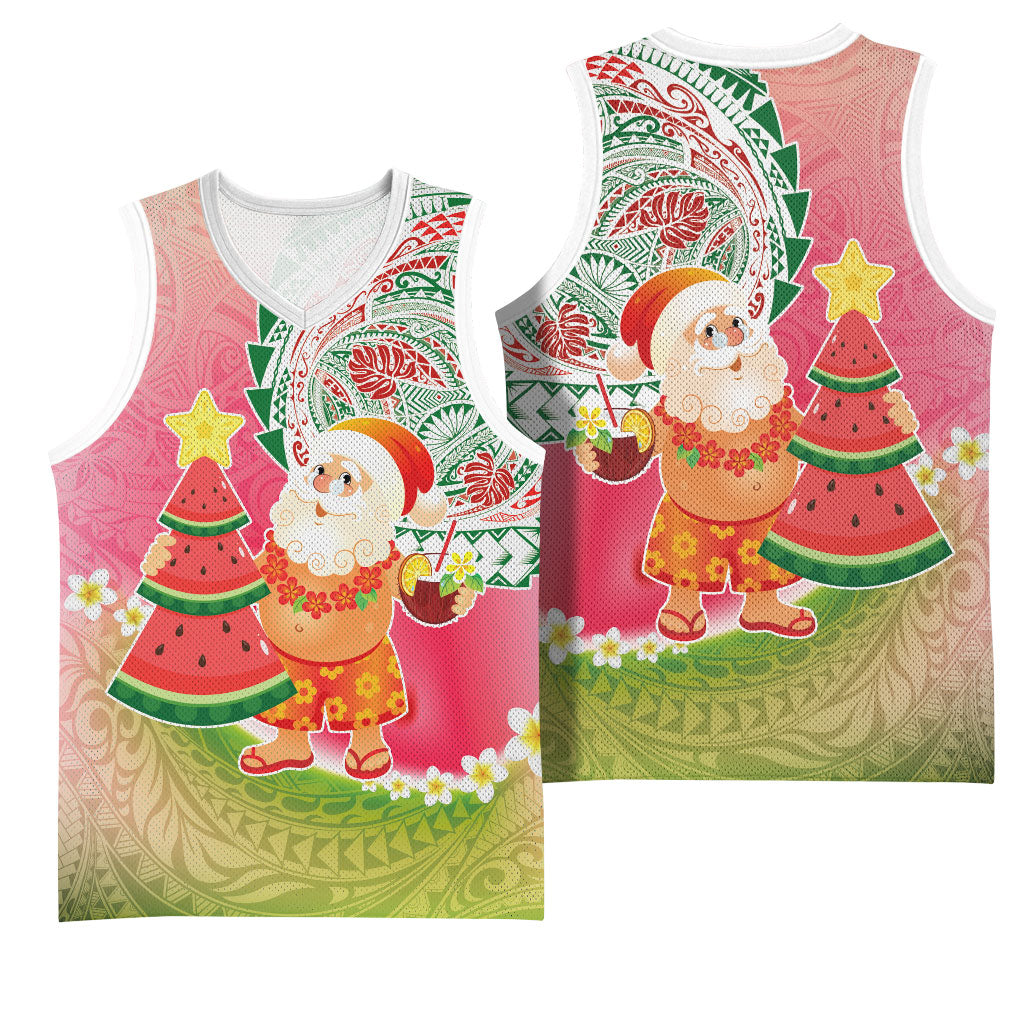 Hawaiian Watermelon Mele Kalikimaka Basketball Jersey Tropical Tribal Pattern with Funny Santa Claus