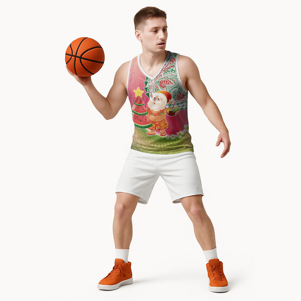 Hawaiian Watermelon Mele Kalikimaka Basketball Jersey Tropical Tribal Pattern with Funny Santa Claus