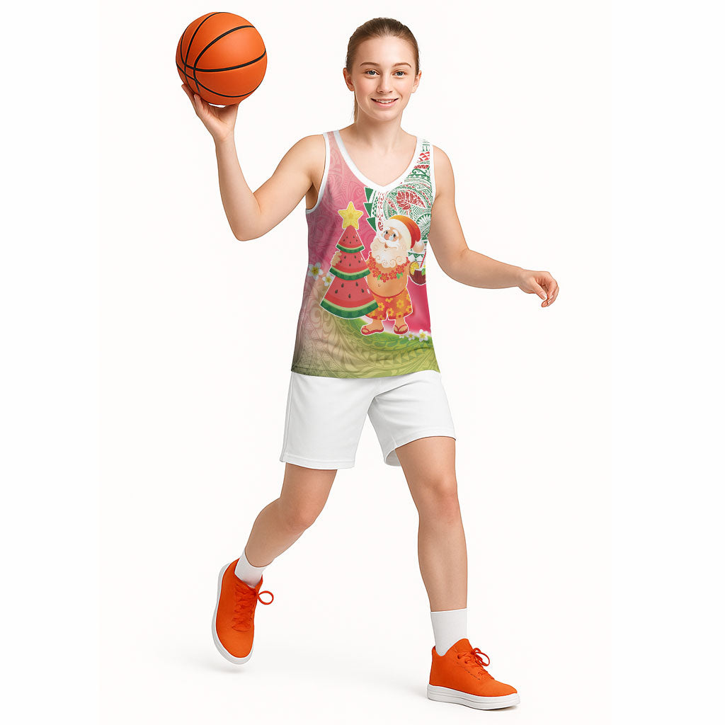 Hawaiian Watermelon Mele Kalikimaka Basketball Jersey Tropical Tribal Pattern with Funny Santa Claus