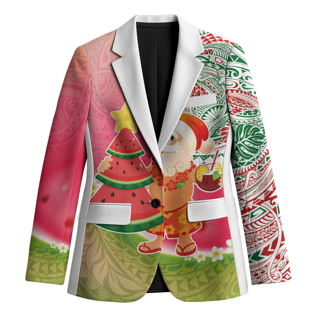 Hawaiian Watermelon Mele Kalikimaka Blazer Tropical Tribal Pattern with Funny Santa Claus