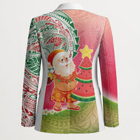 Hawaiian Watermelon Mele Kalikimaka Blazer Tropical Tribal Pattern with Funny Santa Claus