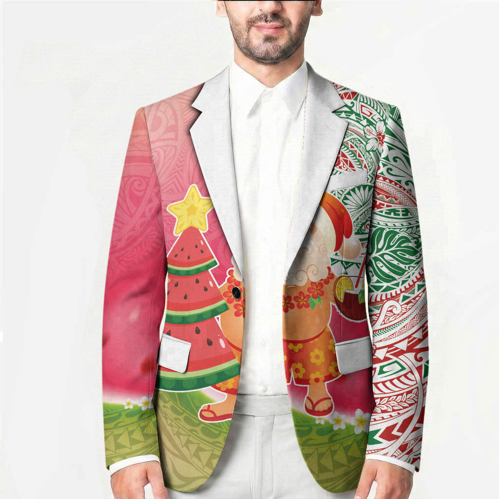 Hawaiian Watermelon Mele Kalikimaka Blazer Tropical Tribal Pattern with Funny Santa Claus