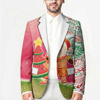 Hawaiian Watermelon Mele Kalikimaka Blazer Tropical Tribal Pattern with Funny Santa Claus