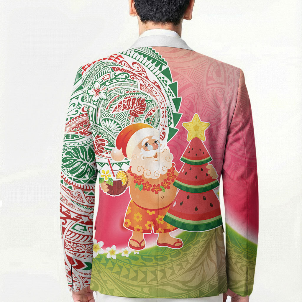 Hawaiian Watermelon Mele Kalikimaka Blazer Tropical Tribal Pattern with Funny Santa Claus