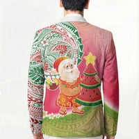 Hawaiian Watermelon Mele Kalikimaka Blazer Tropical Tribal Pattern with Funny Santa Claus