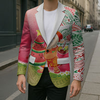 Hawaiian Watermelon Mele Kalikimaka Blazer Tropical Tribal Pattern with Funny Santa Claus
