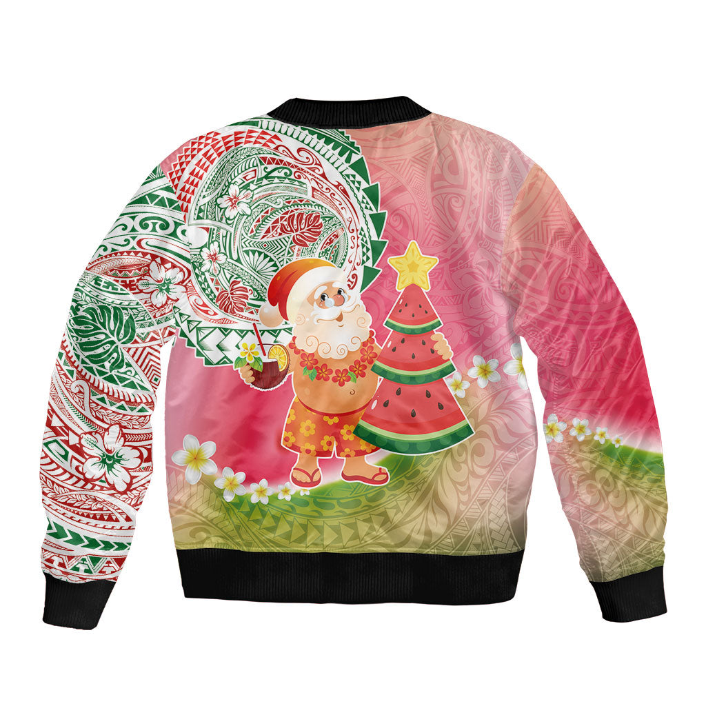 Hawaiian Watermelon Mele Kalikimaka Bomber Jacket Tropical Tribal Pattern with Funny Santa Claus