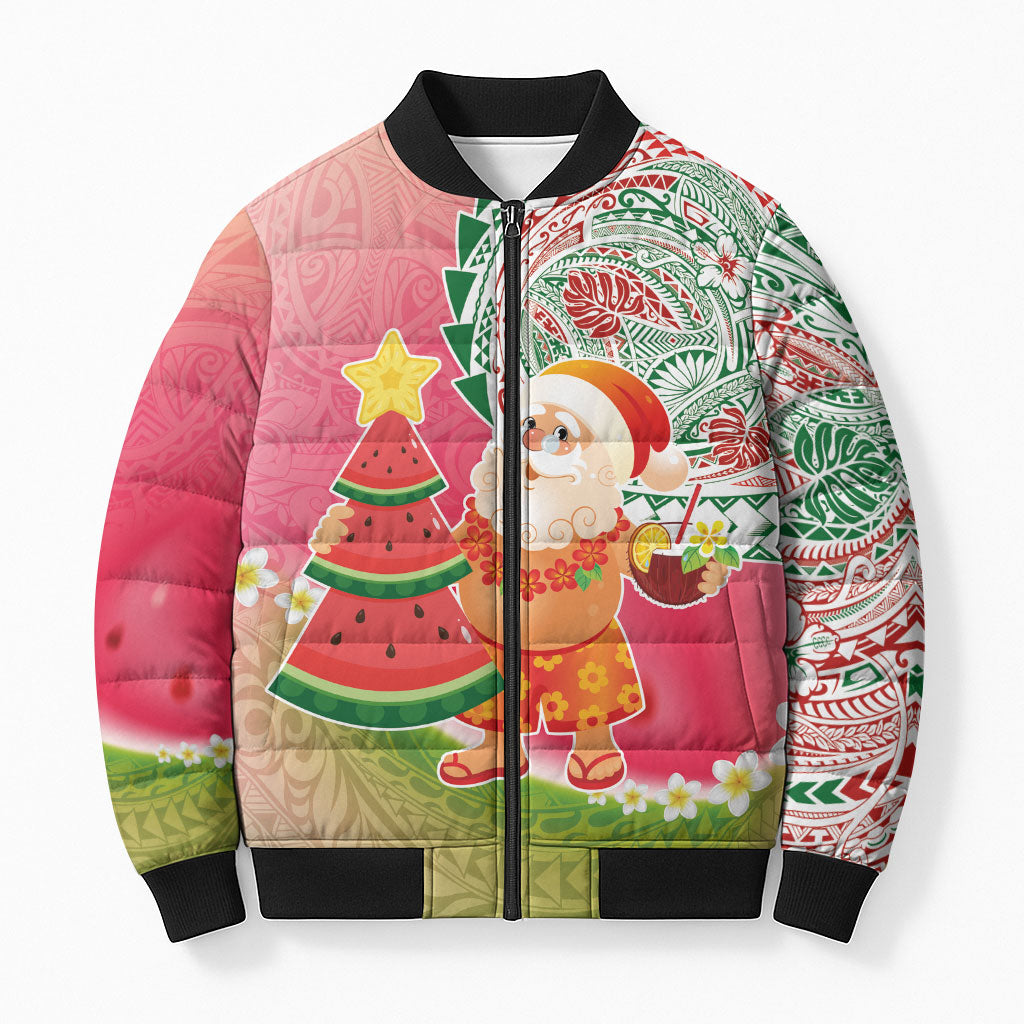 Hawaiian Watermelon Mele Kalikimaka Bomber Puffer Jacket Tropical Tribal Pattern with Funny Santa Claus
