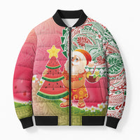 Hawaiian Watermelon Mele Kalikimaka Bomber Puffer Jacket Tropical Tribal Pattern with Funny Santa Claus