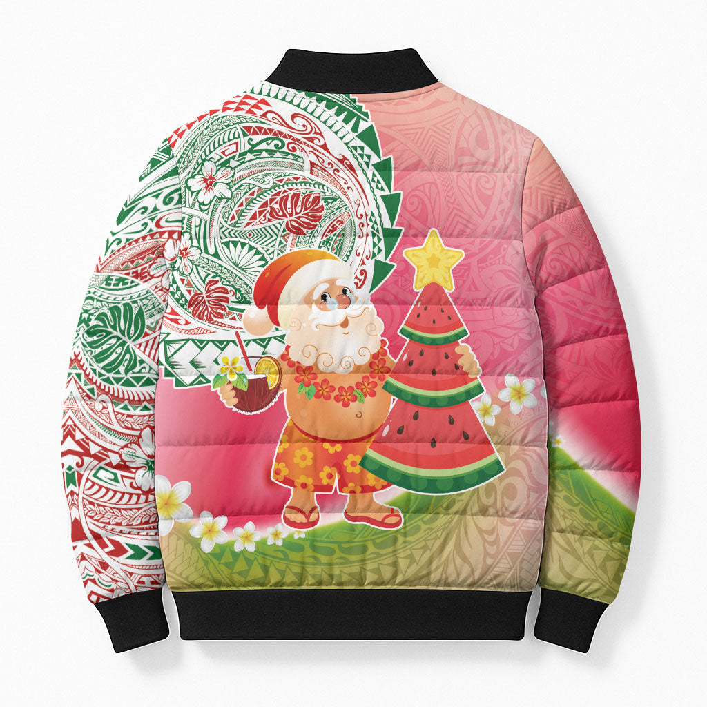 Hawaiian Watermelon Mele Kalikimaka Bomber Puffer Jacket Tropical Tribal Pattern with Funny Santa Claus