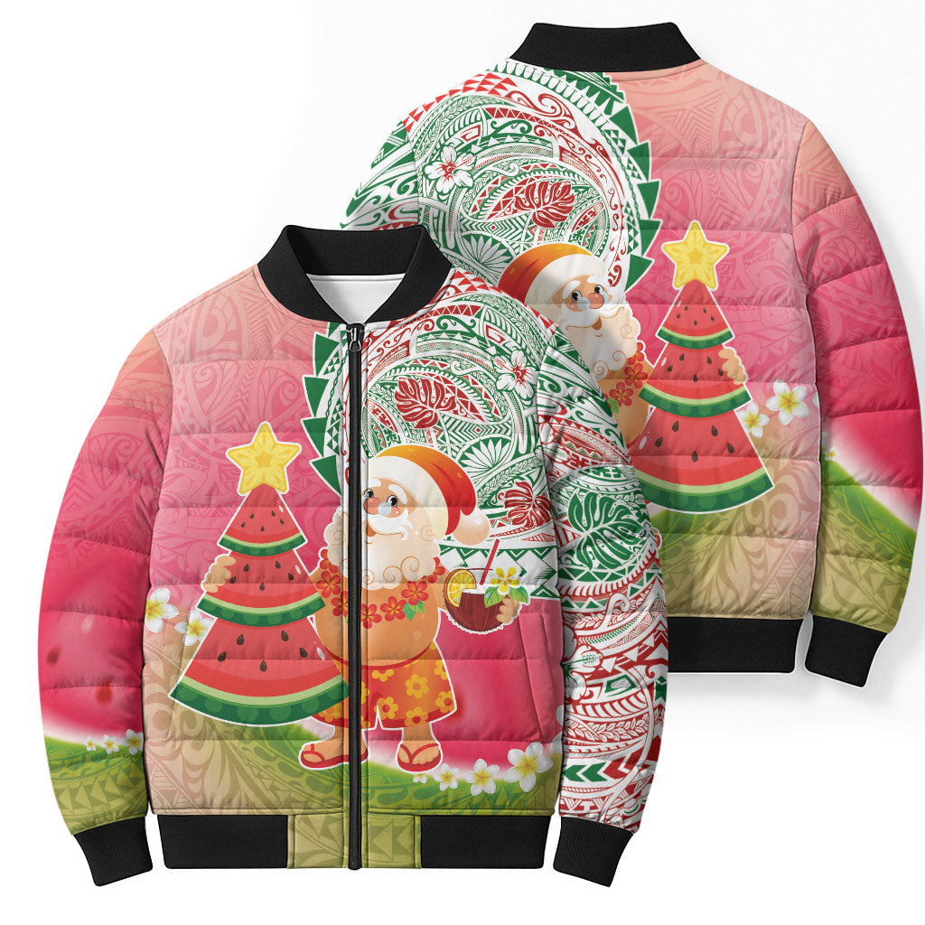 Hawaiian Watermelon Mele Kalikimaka Bomber Puffer Jacket Tropical Tribal Pattern with Funny Santa Claus